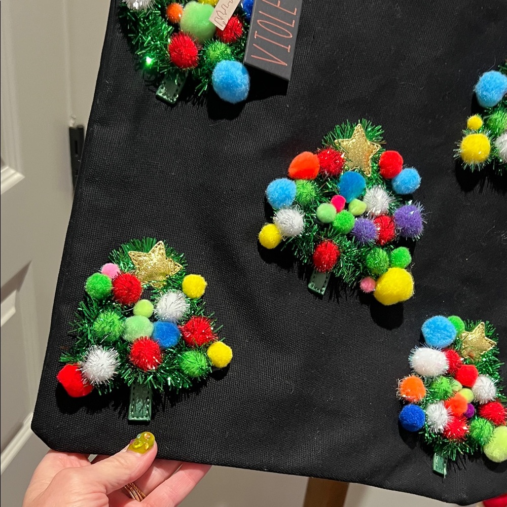 Violet Ray NYC Black Christmas Tote with Colorful Pom-Pom Trees - Picture 3 of 14